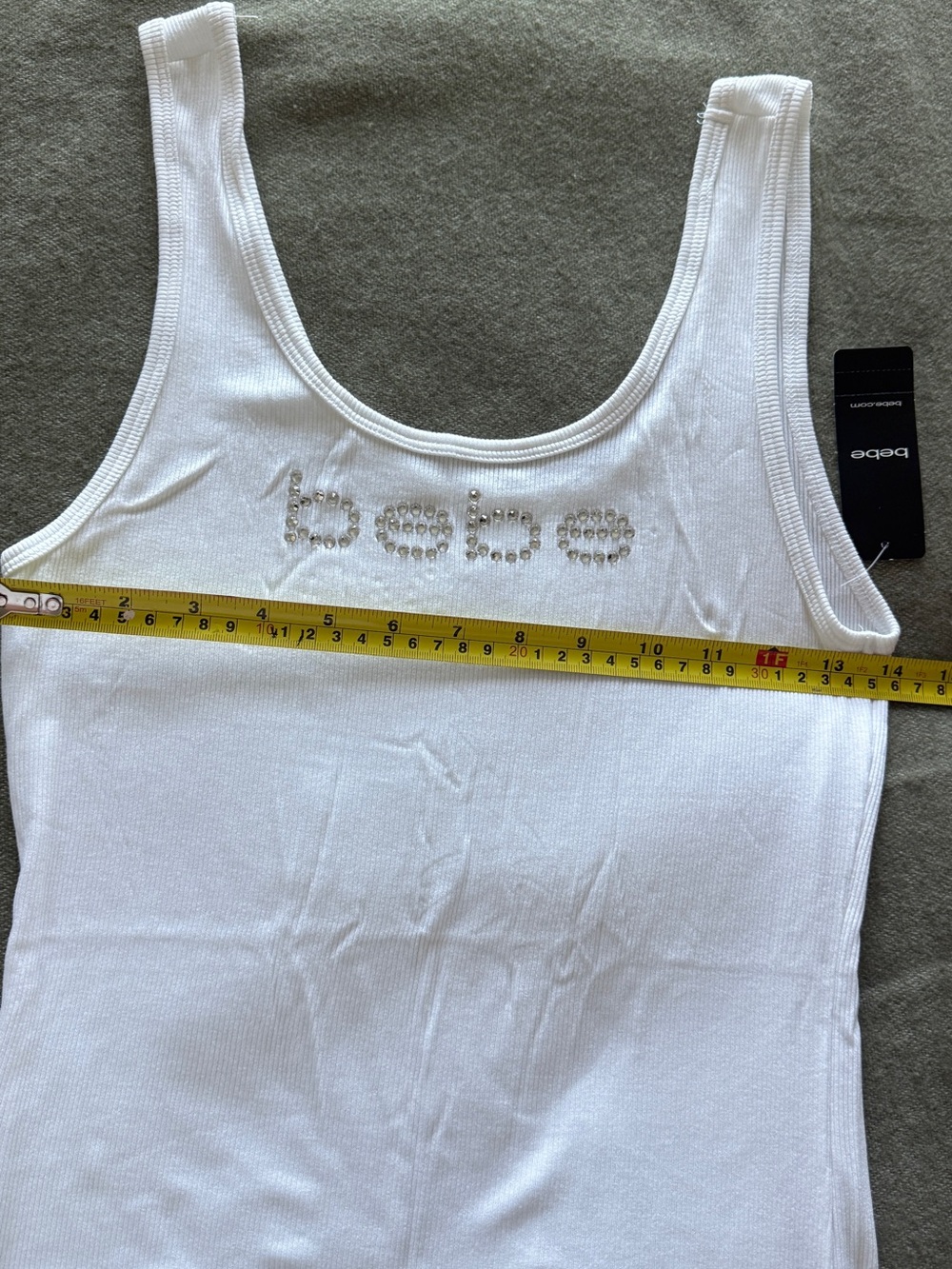 bebe White Ribbed Tank Top with Rhinestone Logo - Picture 6 of 6
